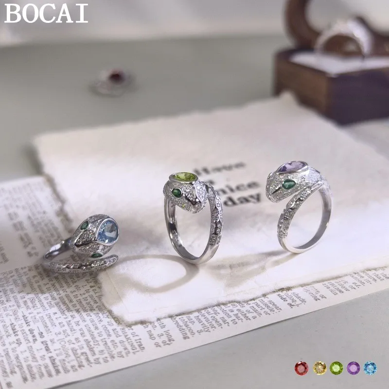 

Новое кольцо BOCAI из чистого серебра S925 с ретро-дизайном и простым стилем, украшенное отборными кристаллами: топазом, оливином, гранатом, в форме змеи, для помолвки.