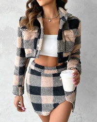 2023 Autumn Winter Spring New Fashion Casual Womens Two Piece Sets Outfit Plaid Pattern Crop Teddy Jacket & Slit Skirt Set