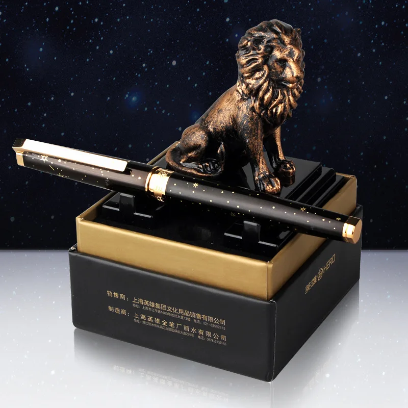 Imagem -05 - Leão Preto e Dourado Metal Fine Nib Fountain Pen Roller Ball Pen 2-head Gift Pen Gift Box Hero 8102 0.5 mm Novo