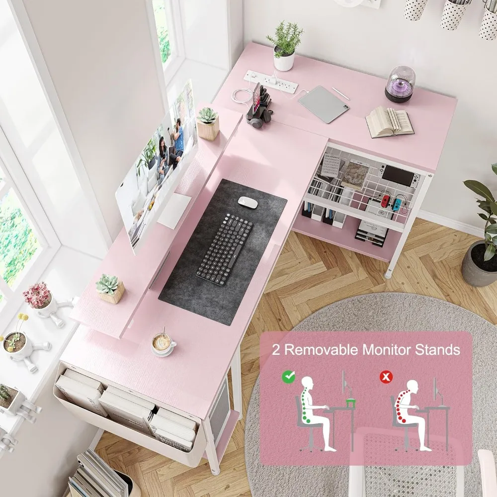 L-shaped Computer Desk with Power Socket and LED Light, 49.6-inch Computer Desk with Storage Shelves and Monitor Stand, Pink