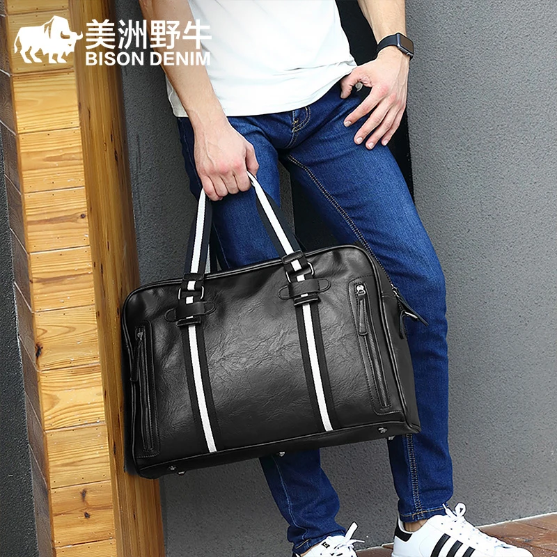 BISON DENIM Leather Travel Bag Large Capacity Duffle Fitness Bags Handbag Shoulder Bags Women Men Business Carry-on Luggage Bag