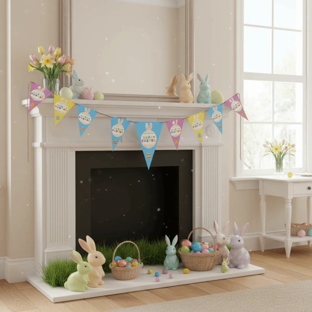 Triangle Flag Easter Garland Rabbit Carrot Pattern Easter Decor Hanging Banner Easter Supplies Bunny Bunting Home Decoration