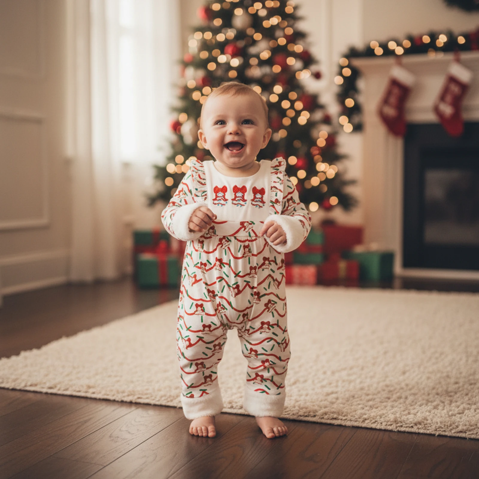 

Рождественский комбинезон для маленьких девочек, комбинезон с длинными рукавами и круглым вырезом с принтом колокольчиков и плюшевой отделкой