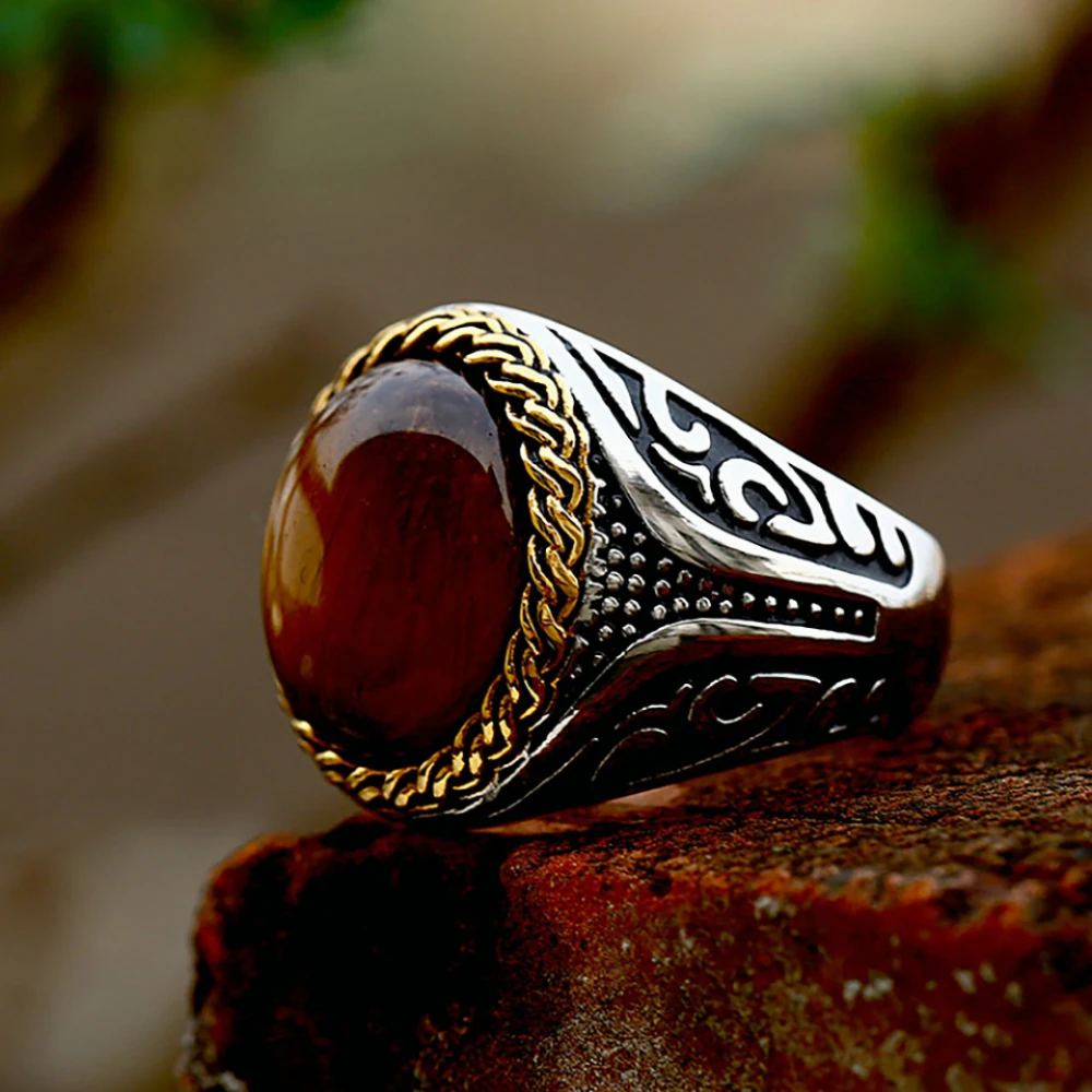 Punk Retro Oval Tiger Eye Ring Gothic Stainless Steel Engraved Ring Fashion Men and Women Jewelry Gifts Accessories Wholesale