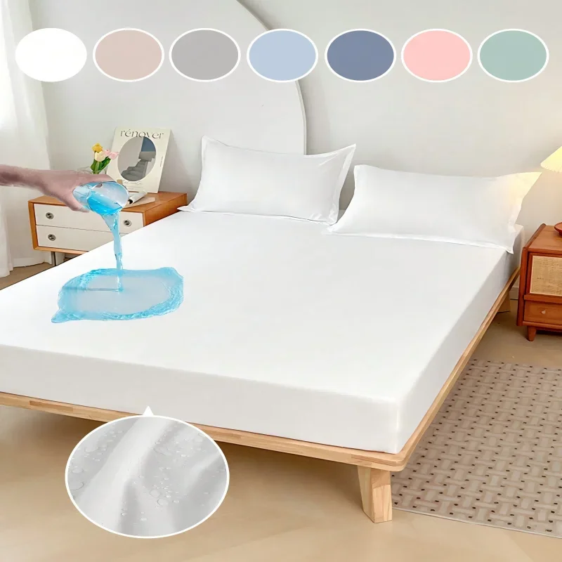 

1pcs Plain Color Waterproof Mattress Cover Polyester Material Thin Breathable Bedroom Four Seasons Apply