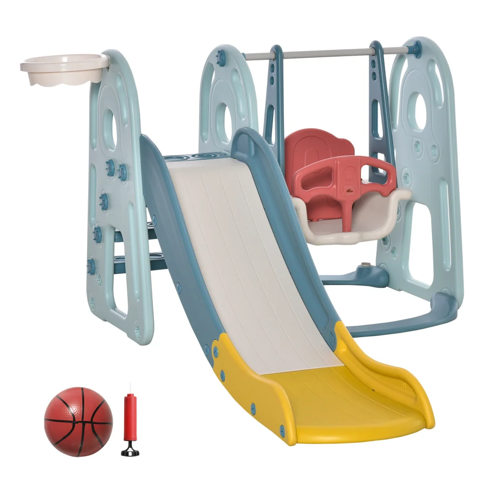 Juego de columpio y tobogán para niños pequeños 4 en 1 con altura de asiento ajustable y aro de baloncesto, juego de tobogán escalador independiente para niños