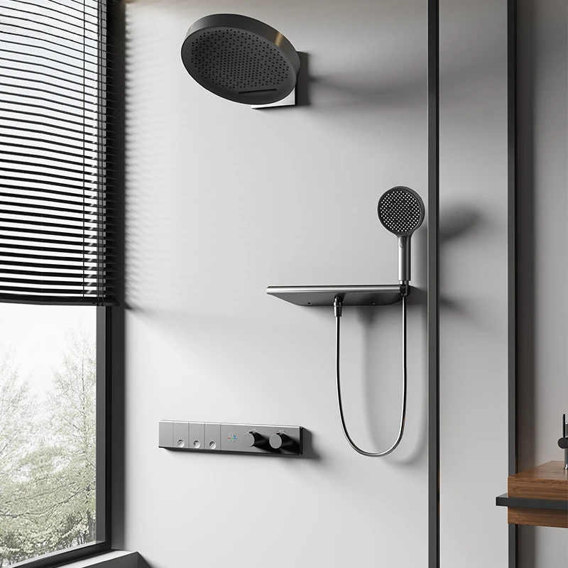 

Modern Embedded Concealed Shower System Set Gunmetal Shower Head, Thermostatic Control and Wall-Mounted Design for Home Bathroom