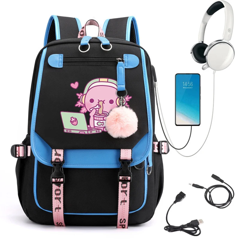 Backpack School Bag Girl Back Pack Children Teenager Female Schoolbag Cute Axolotl Loves Instant Noodles Anime Primary Bagpacks