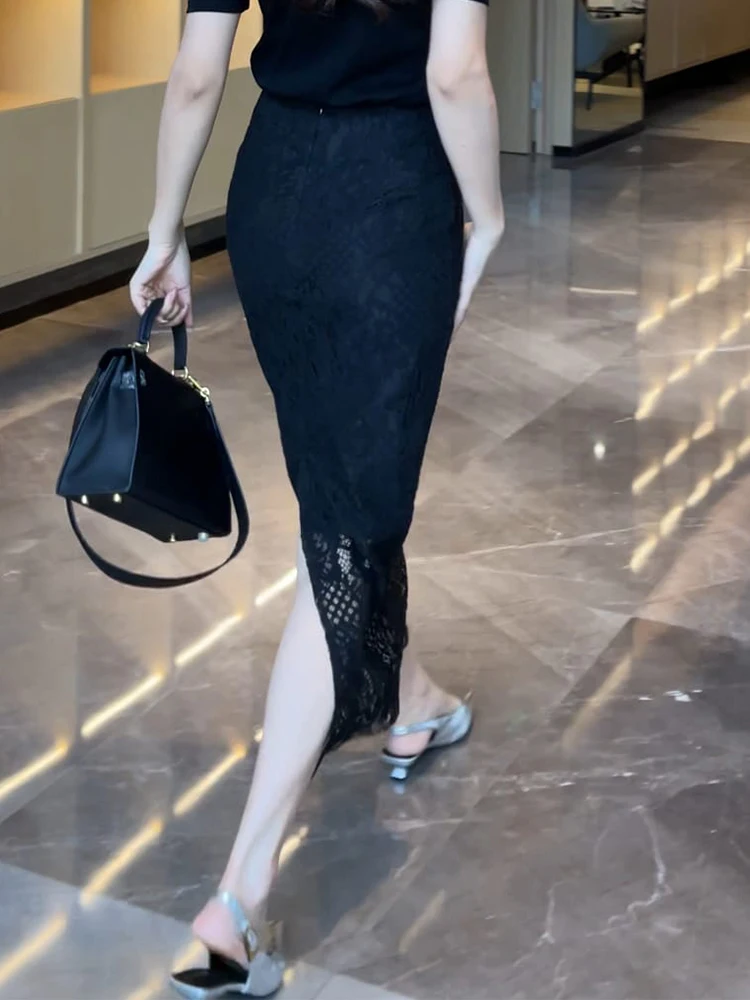 Ele Hollow Out Lace f Rock für Frauen Sli Einzigartiger schöner Ba Split Commute High Waist A-Line Midirock