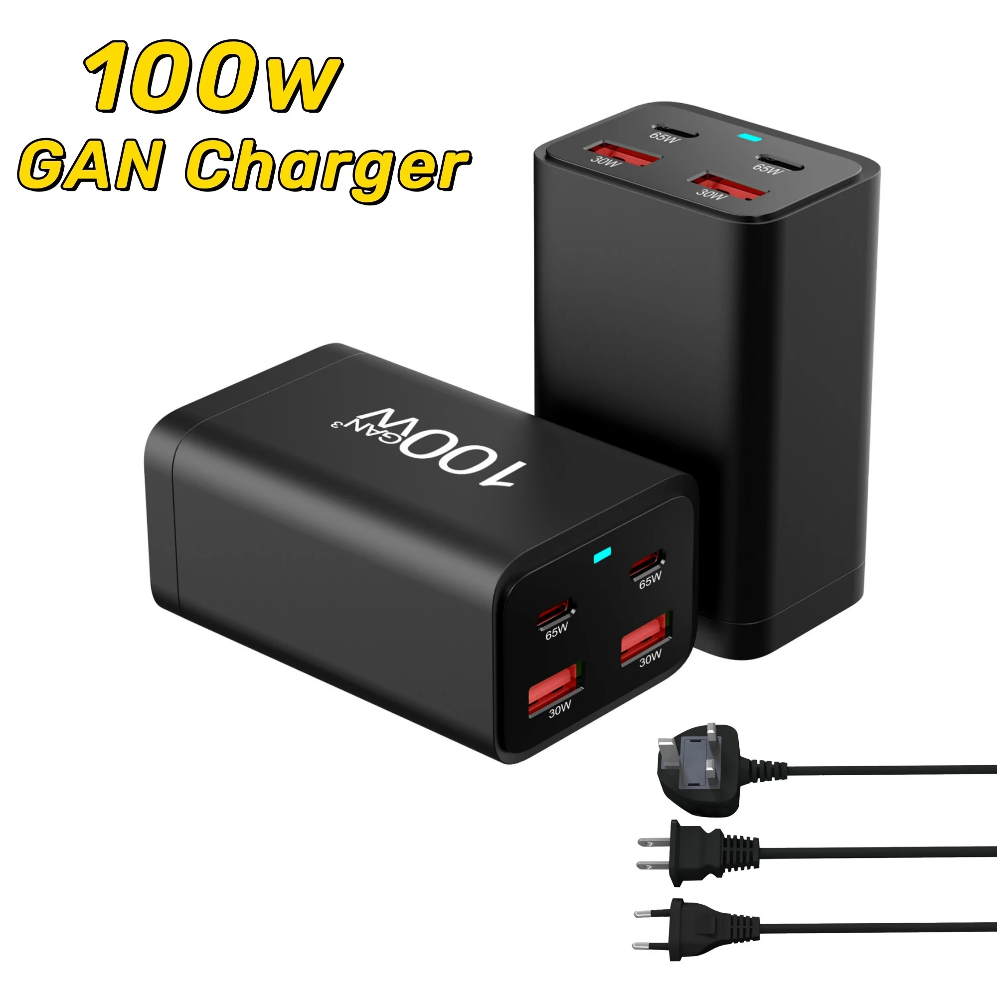 100W GaN Charger 4 Ports USB Type C PD Charger Quick Charge 3.0 Quick Desk Charger for iPhone Samsung Xiaomi