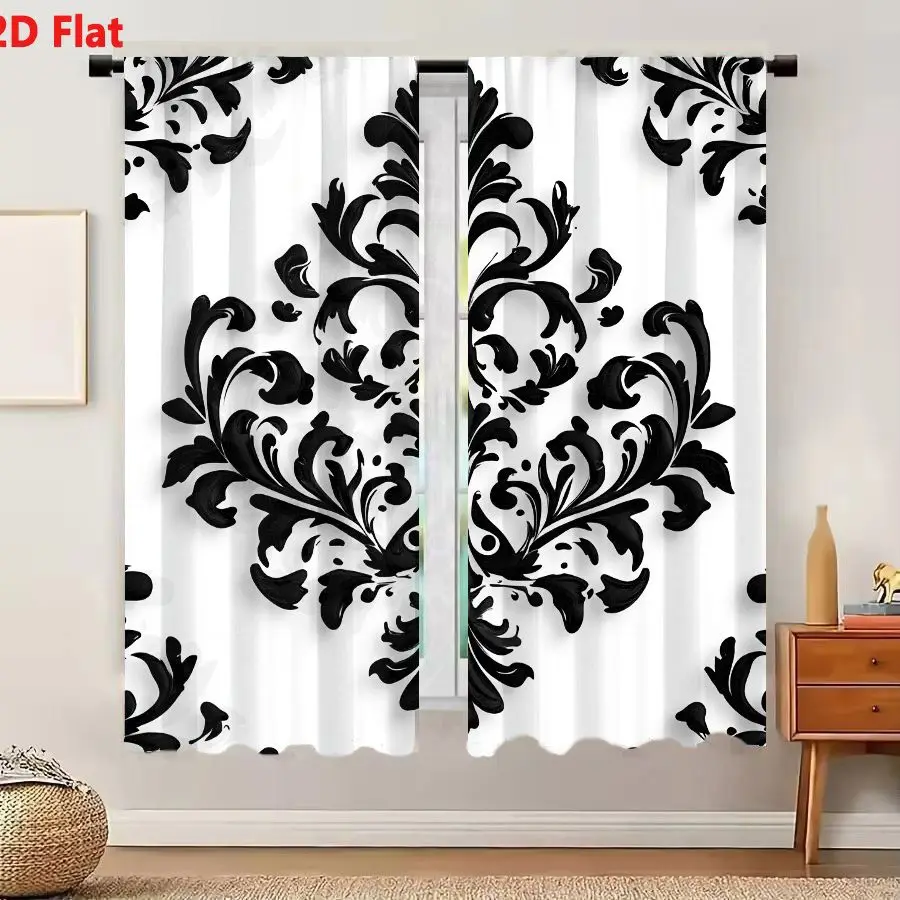 2Pcs Curtains 2D Flat Seamless Pattern Intricate Black Floral Scrollwork On White Background Symmetrical Ornate Floral Leafy Mot