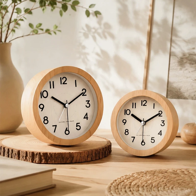 Wood Grain Alarm Clock for Kids Students Silent Desktop Wake Up Clock Small Table Clock Bedroom Decor Ornament