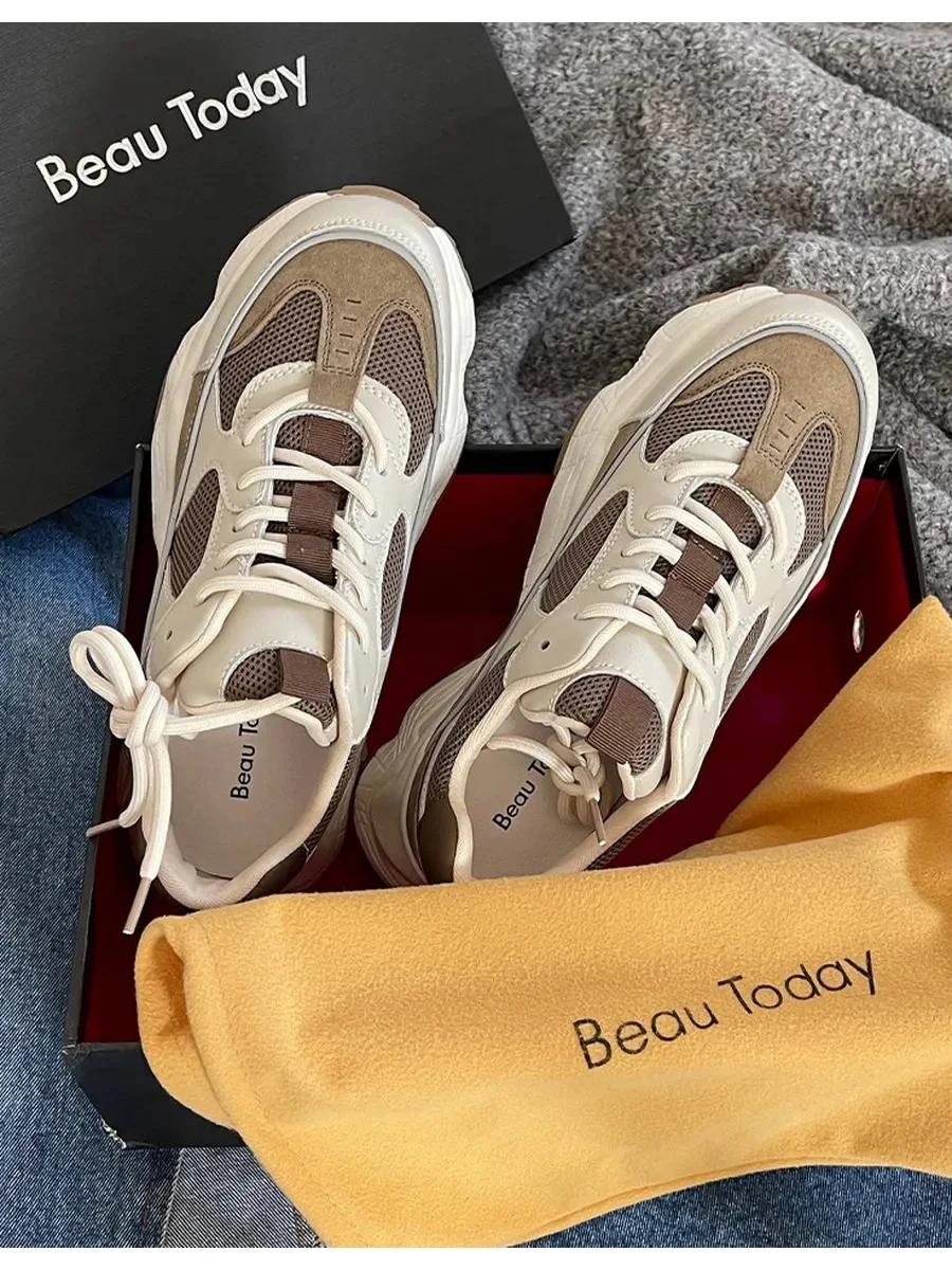 BEAUTODAY أحذية رياضية كاجوال للنساء جلد شبكي مختلط الألوان جولة تو الدانتيل متابعة نعل سميك أحذية السيدات تنفس 29402