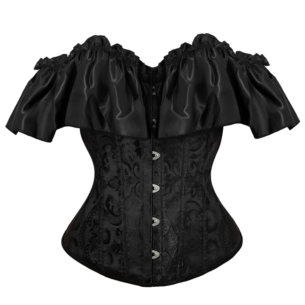 

Women Steampunk Off Shoulder Corset Top with Sleeves and Lace Up Bustier Boned Overbust Corset