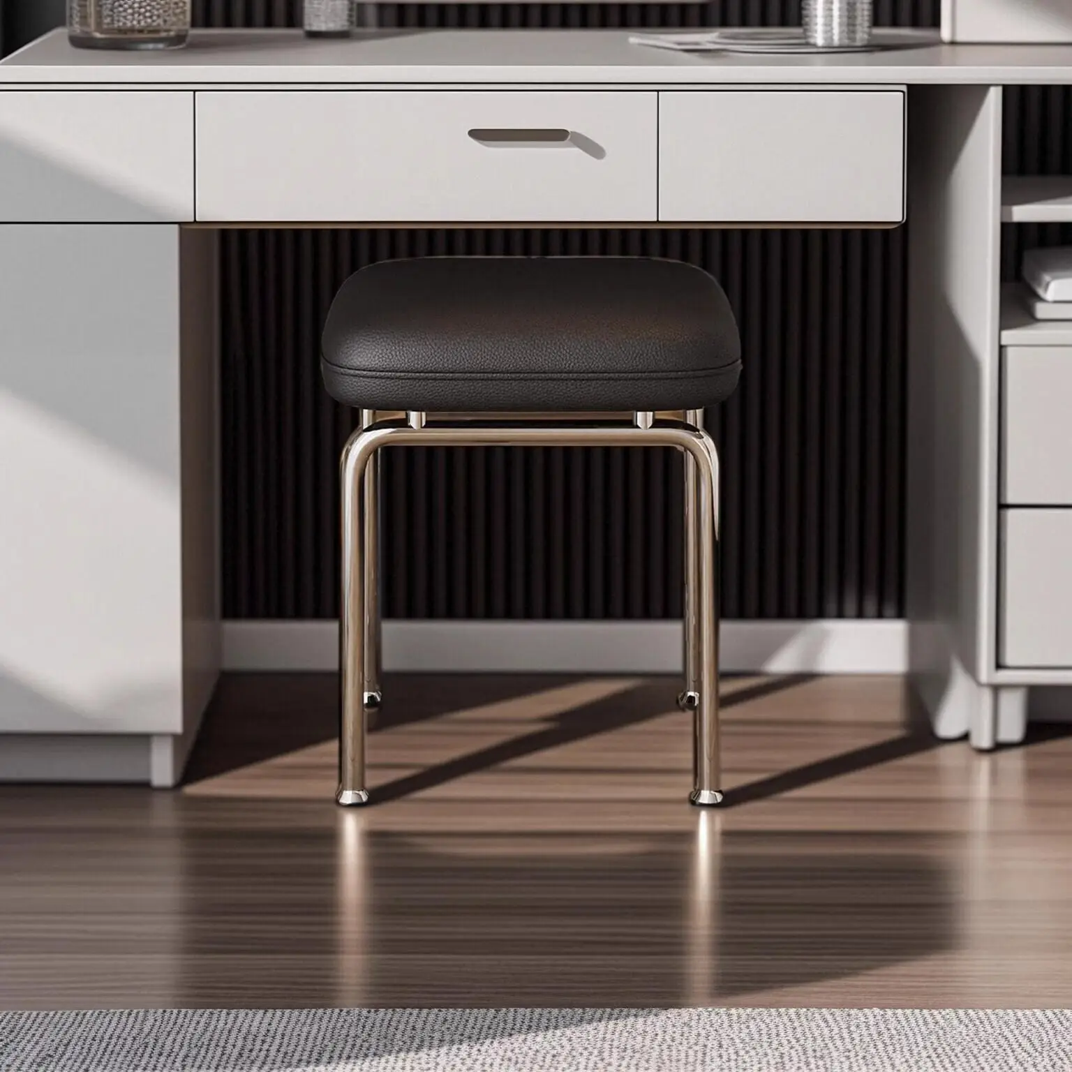 Small Cream Style Dressing Stool Simple Medieval Dressing Manicure Stool Bedroom Makeup Stool Leather Surface Leather