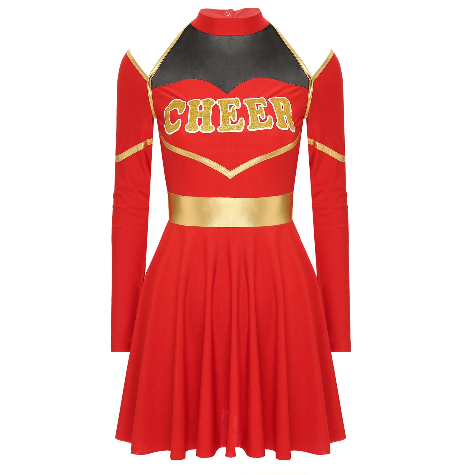 Womens Youthful Schoolgirl Cheerleading Costumes Cold Shoulders Long Sleeve Cutout Letter Print Dress Dance Performance Costumes