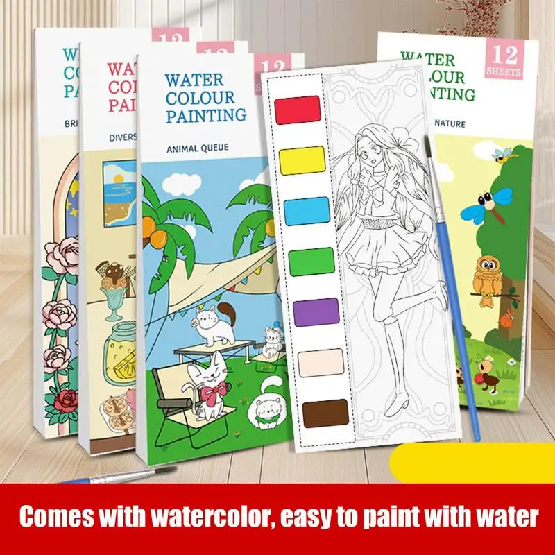 Portable Watercolor Painting Book 12 Sheets Coloring Book With Paint Brush Gouache Book Kids Graffiti Picture Drawing Stationery