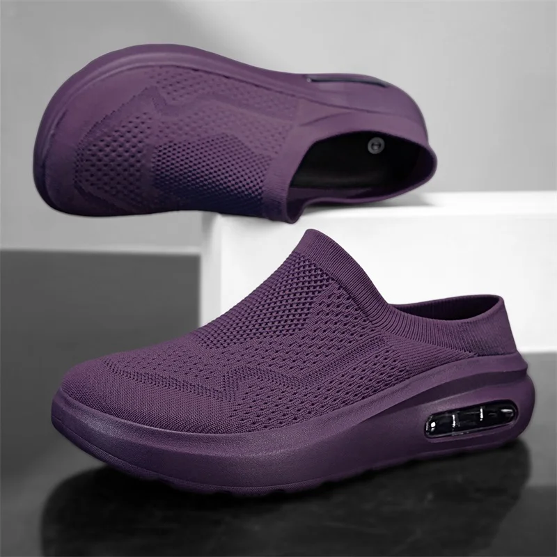 

BacklessHollowMeshKnitMuleSneakersMenWomen Air Cushion Thick Wedge Sole Orthopedic Soft Insole Casual Daily Travel Slipper Shoes