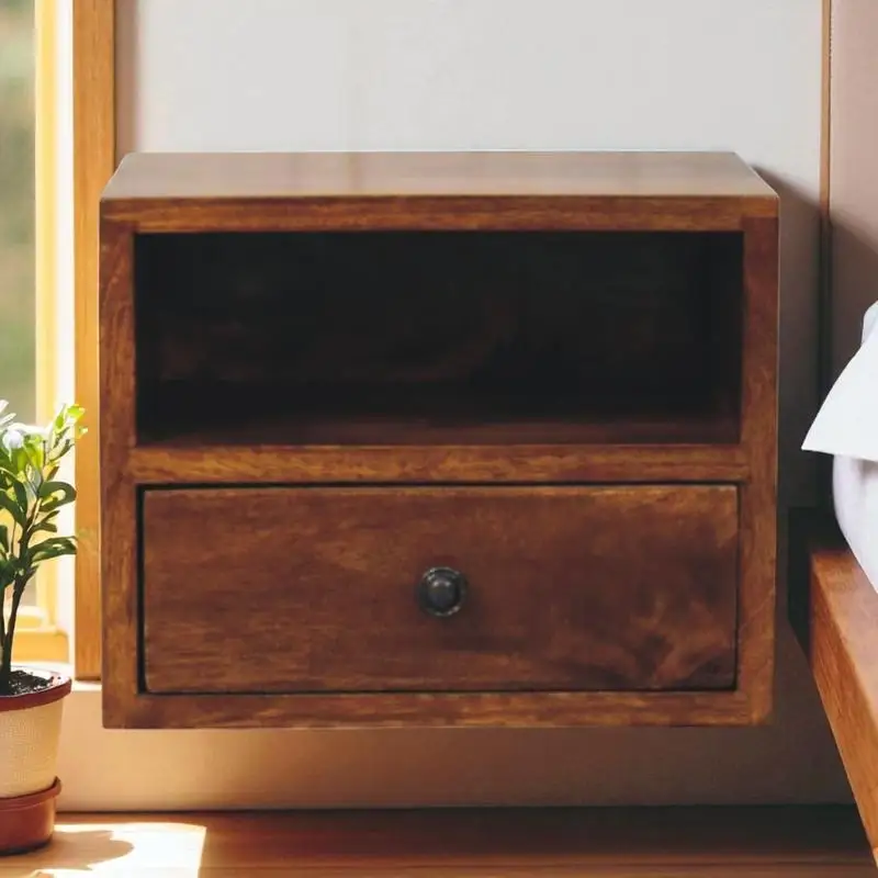 منضدة كستنائية مثبتة على الحائط مع درج واحد وفتحة مفتوحة، لمسة نهائية بنية