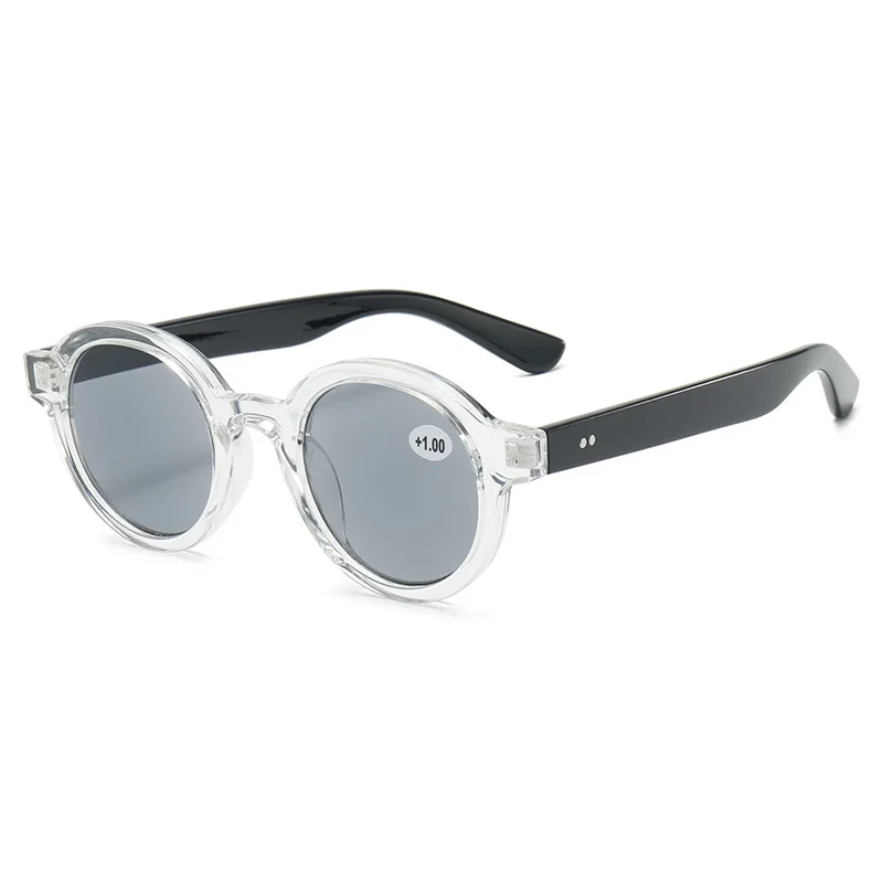 Nuovi occhiali da sole con montatura rotonda da lettura full-frame alla moda vintage, occhiali da lettura per la casa con lenti grigie