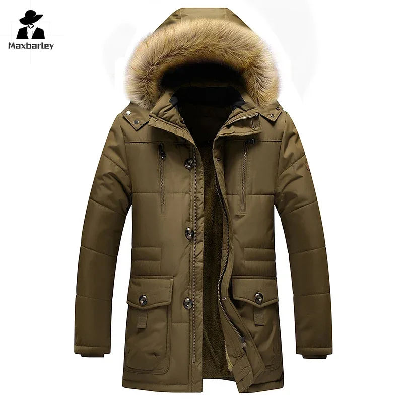 Parka de veludo masculina com gola de pele, casaco grosso com capuz, jaqueta de inverno quente, roupas masculinas de montanhismo ao ar livre, moda suave