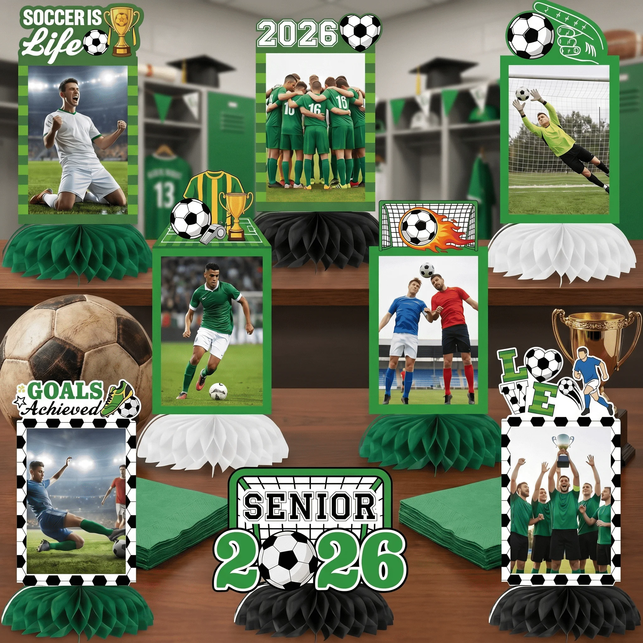 

2026 Soccer Senior Photo Frame Honeycomb Centerpieces Green Soccer Sports Events Table Topper Party Decorations Graduation Party