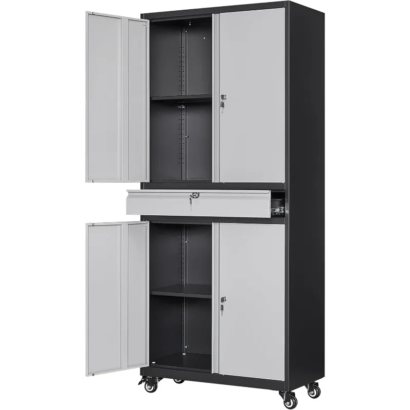 Metal Garage Storage Cabinet with Locking Doors and Adjustable Shelves, Rolling Tool Storage Cabinet