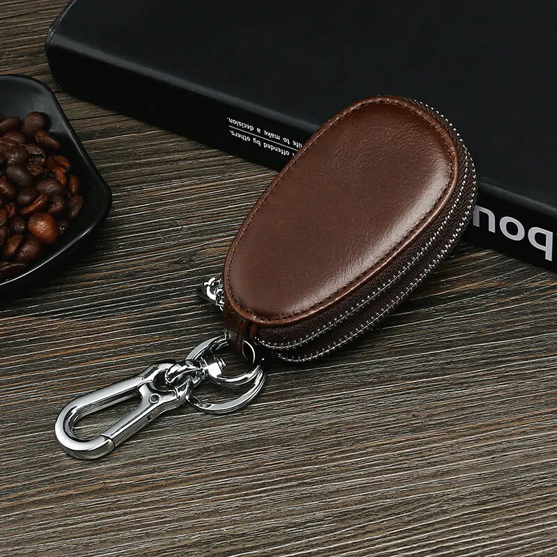 High Quality Cowhide Double Layer Key Case Two Keychain Mens and Women Double Zipper Oval Car Smart Key Manager Small Zip Bag