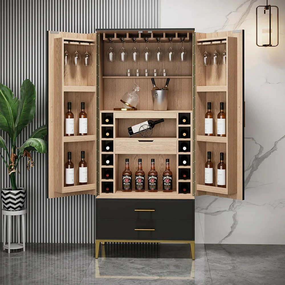 Factory Customized Black Bar Cabinet with Door Modern Storage Home Bar Cabinet with Glass Rack&Drawers