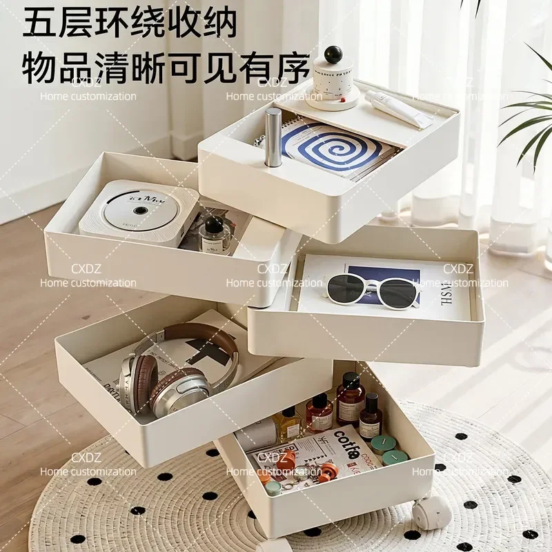 Mobile Rotating Storage Cabinet Multi Layer Cosmetic Cart with Drawers Side Table for Snacks and Beauty Organization