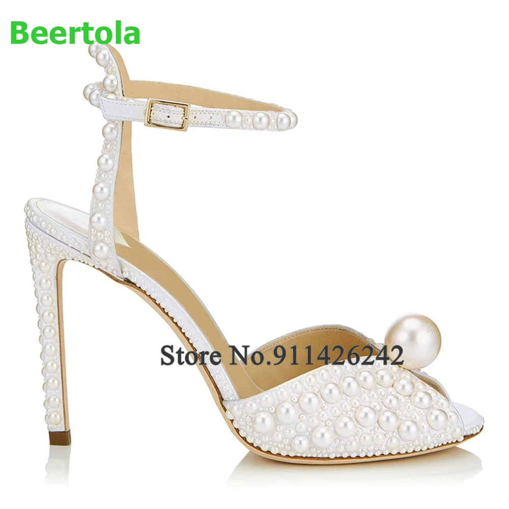 White Pearl Peep Toe Wedding Sandals For Female Women Thin High Heel Hot Sales Slingback Elegant Shallow Fashion Dress Shoes