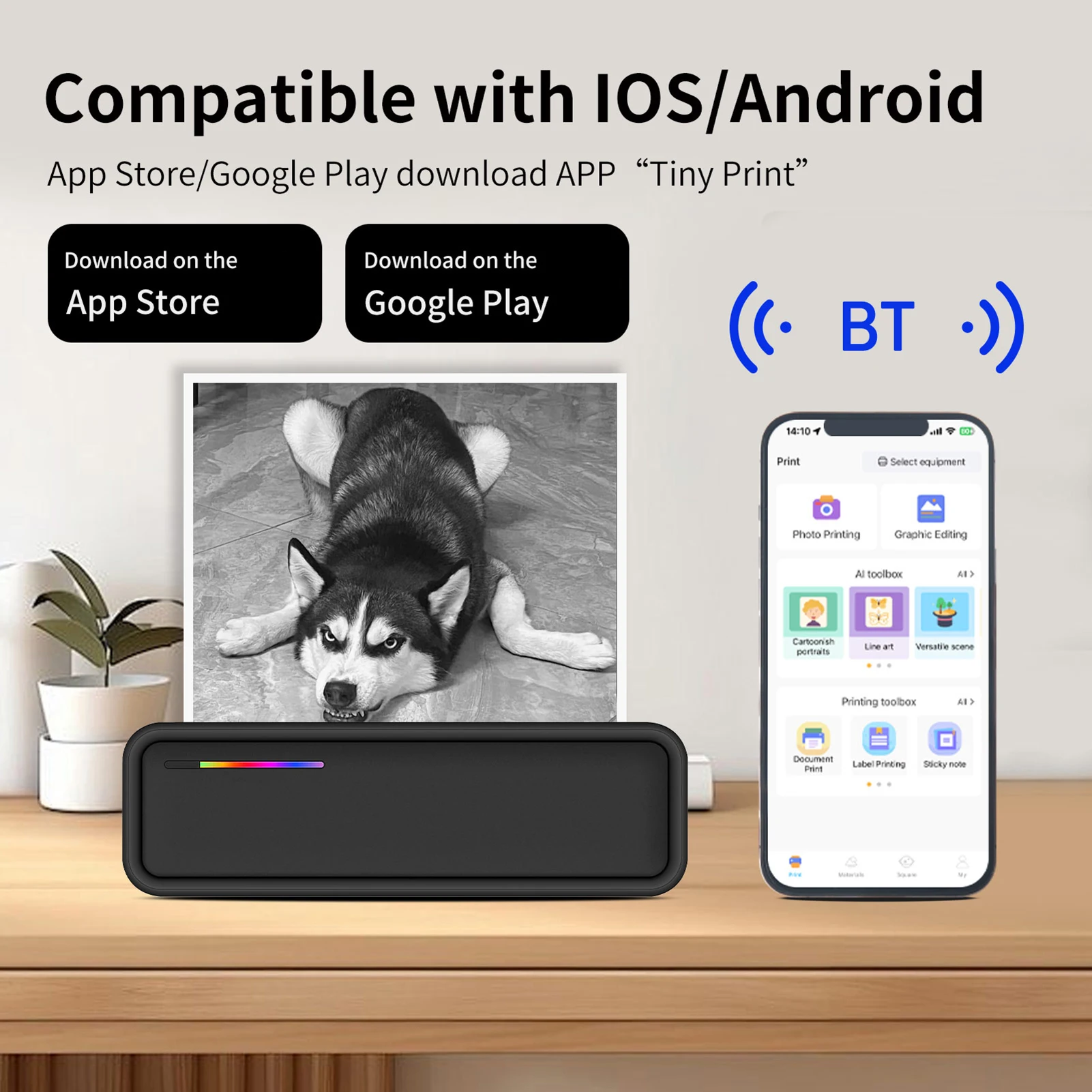 

Portable A4 Paper Printer Thermal Printing Wireless BT Connect Mobile Photo Printer Inkless Support 2in/3in/4in/8in/210mm Wide