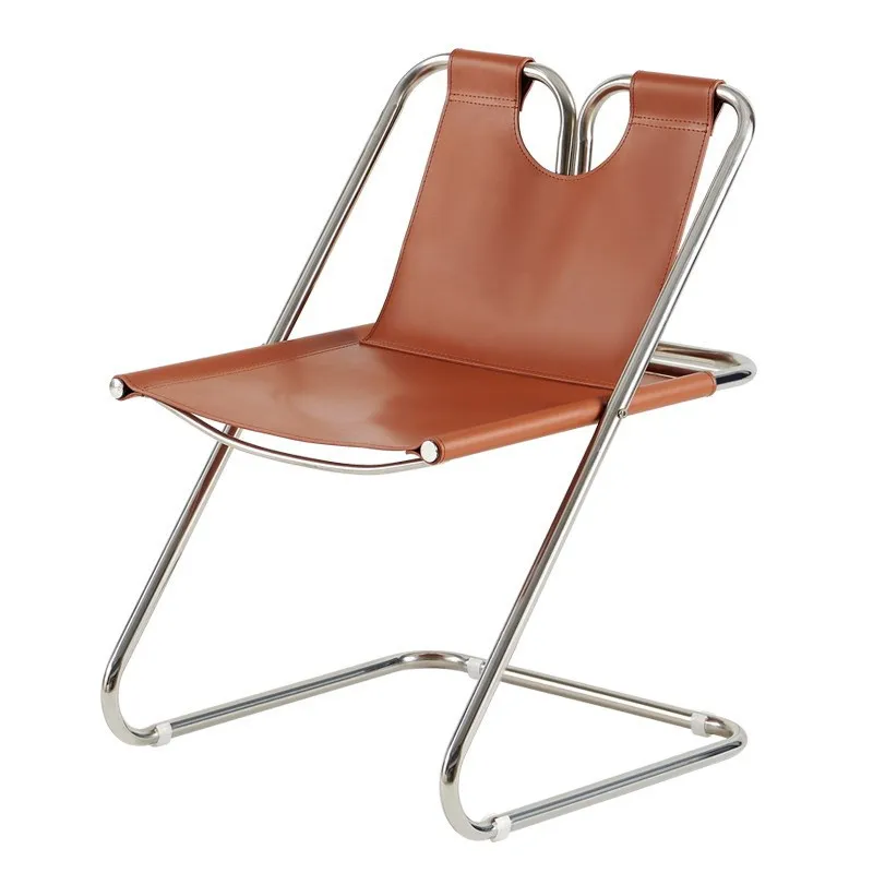 MOMO Simple Dining Chair Modern Saddle Leather Thickened Leather Chair Antique Metal Stainless Steel Leather Backrest Chair