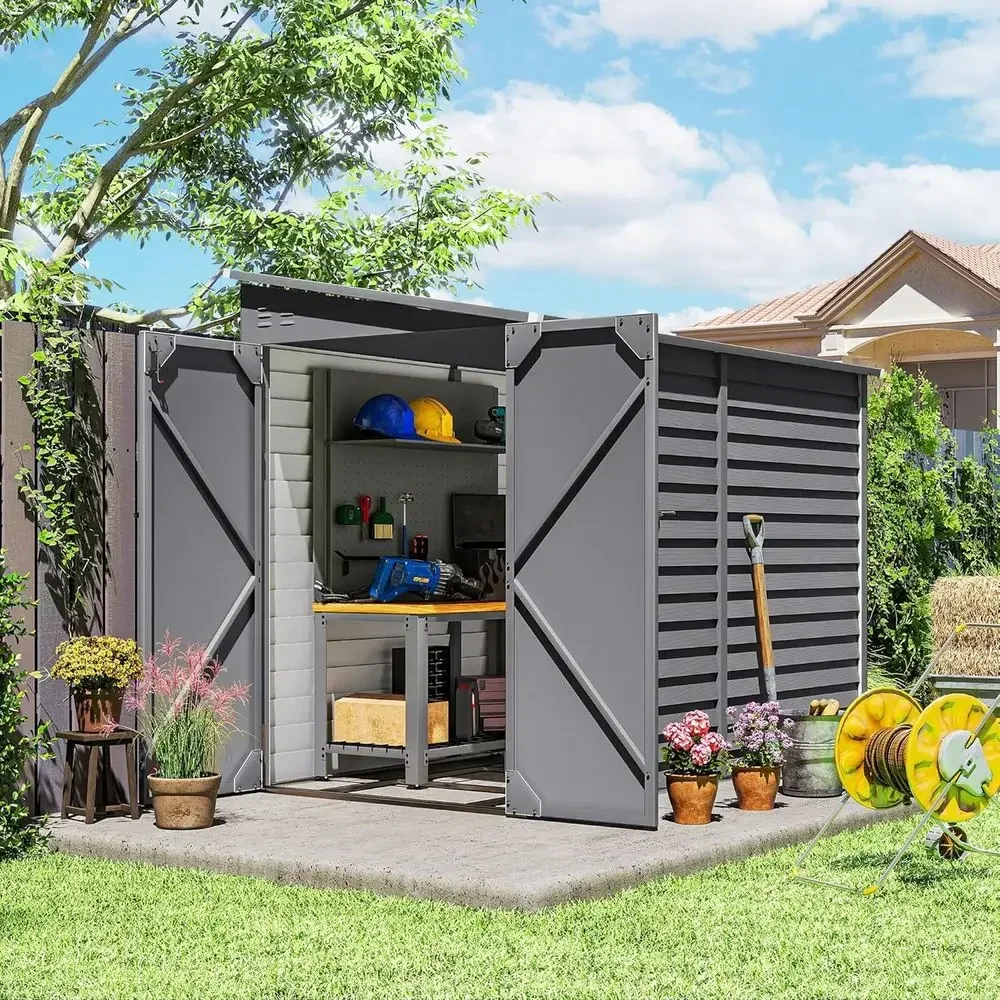 Gray 4.6' x 9' Outdoor Metal Storage Shed, Waterproof Lean-to, with Foundation Kit, Lockable Door, Gloves, and 2 Air Vents for G