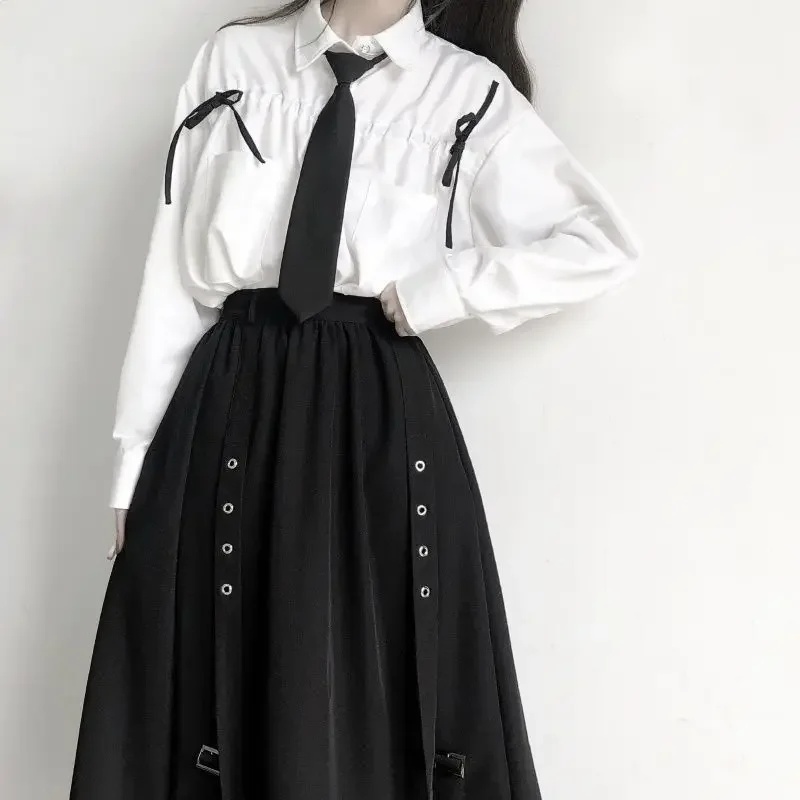 Spring/Autumn Women Skirts High Waist Student Korean Style Dark Vintage Ruffle Long A-line Skirts Women Fashion 2024