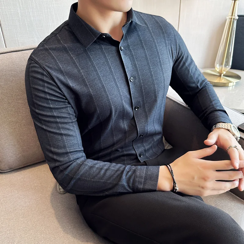 Summer Fashion Random Plaid Shirt Men Long Sleeve Casual Slim Fit Elastic Anti-wrinkle Shirts Tops Cotton Chemise Homme