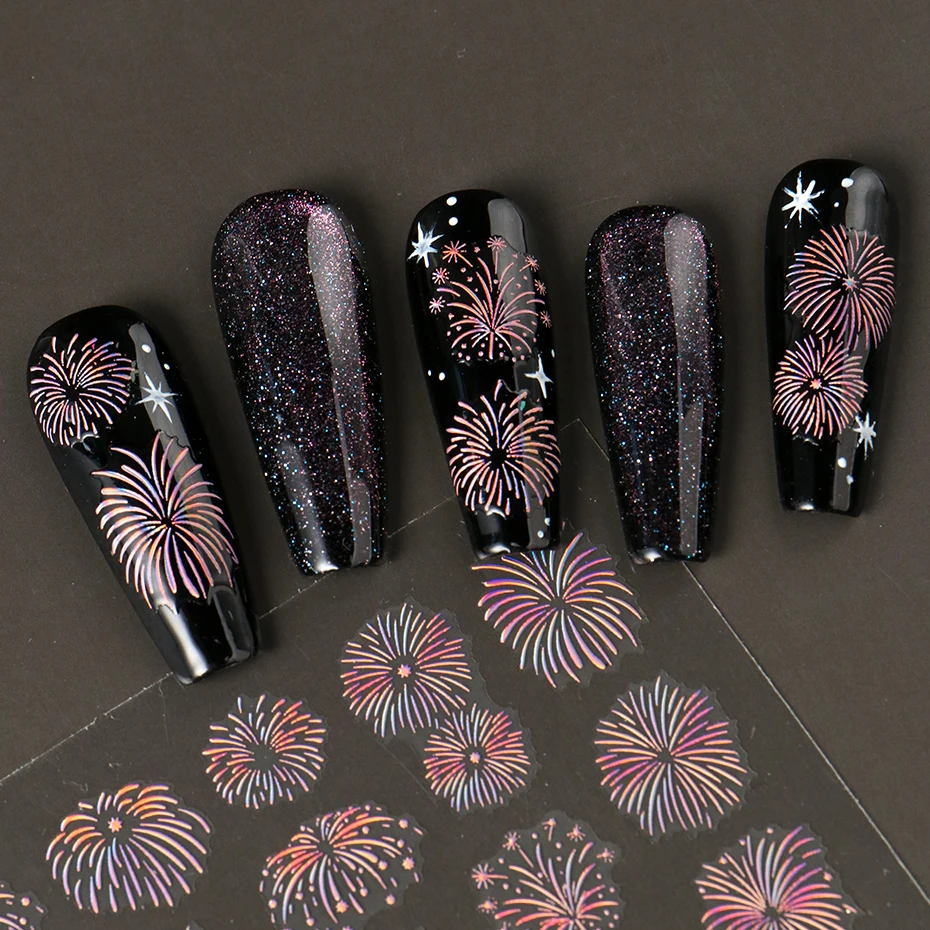 Autocollants holographiques pour Nail Art, feux d'artifice en fleurs, or, argent, rose, paillettes, décalcomanies japonaises, décoration de manucure, 5 pièces