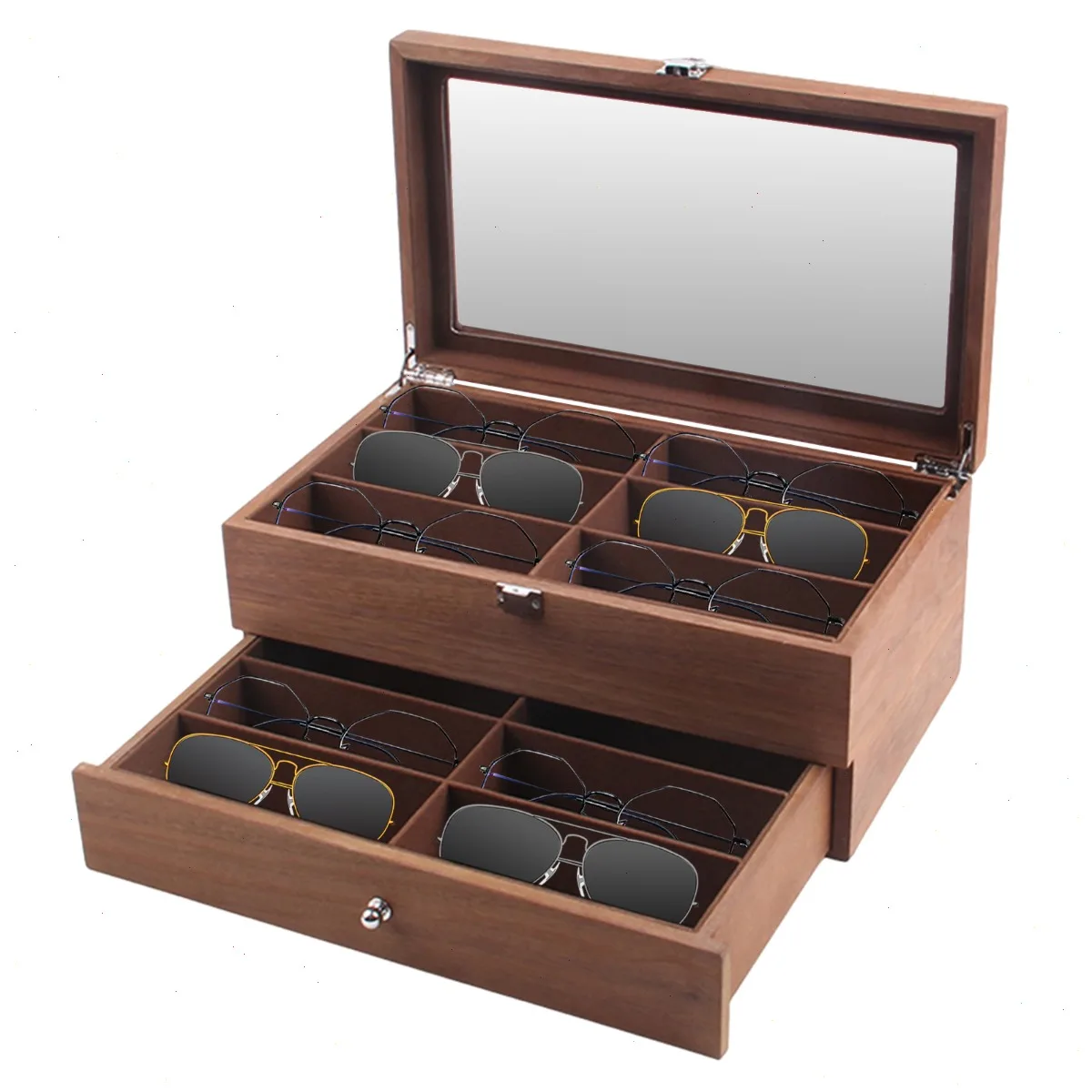 Walnut Wood Sunglasses Box 12 Grid, Vintage Glasses Case with Velvet Lining, Anti Scratch Eyewear Storage Organizer for Men Women