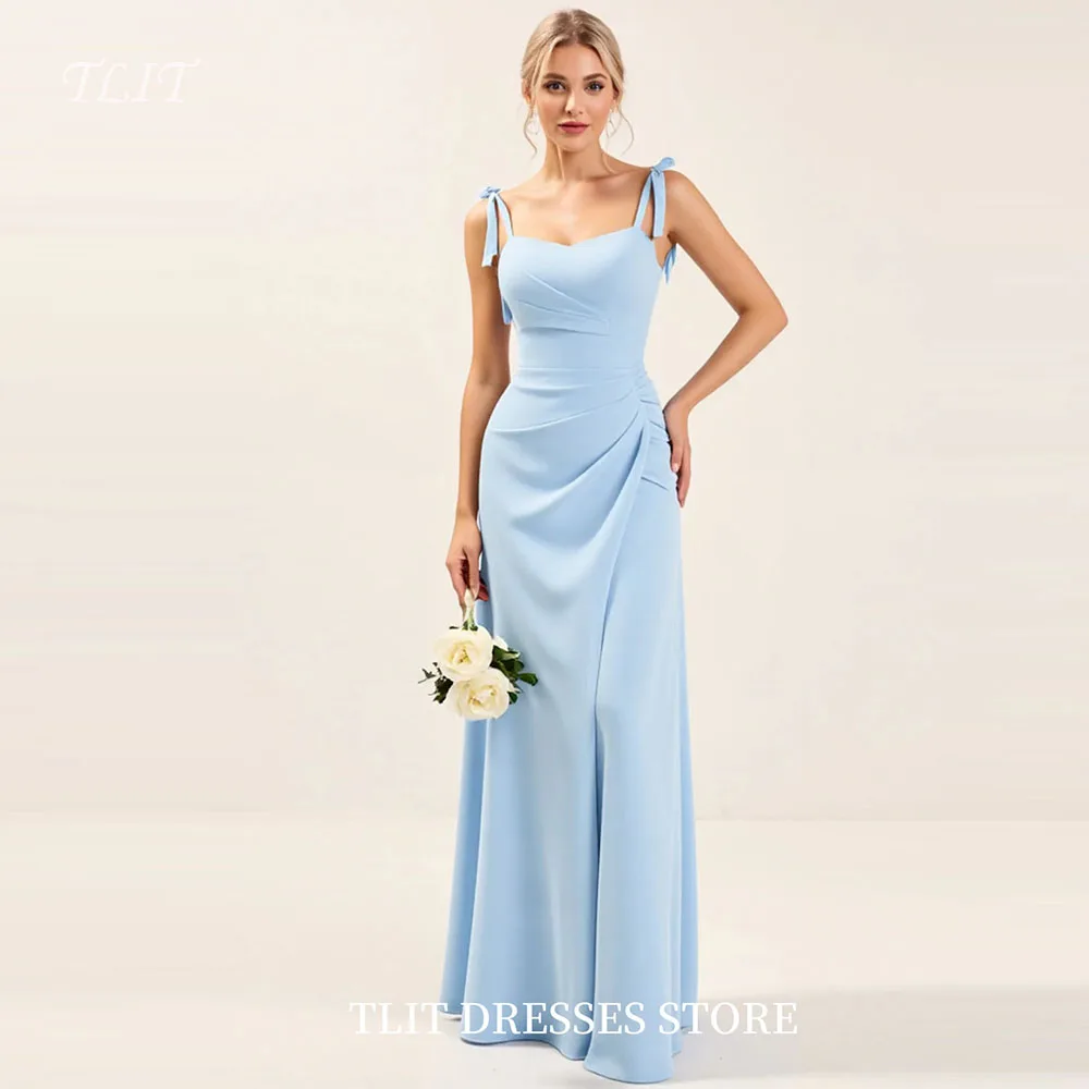 

TLIT Elegant Baby Blue Sheat Satin Evening Dress Spaghetti Strap Tie Bow Formal Party Gown Backless Back Customized فساتين سهرة