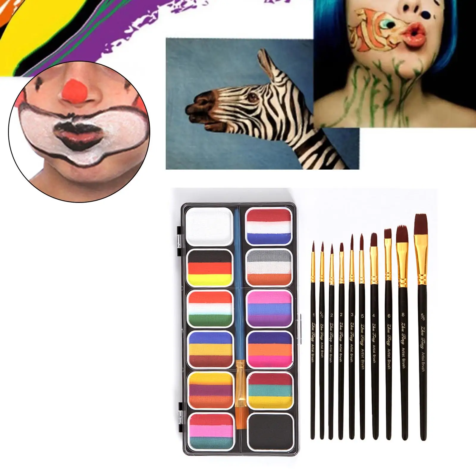 Professional Face Body with Paint Brushes Dress up Halloween Painting Palette Makeup for Fancy Dress Stage Performance Kids