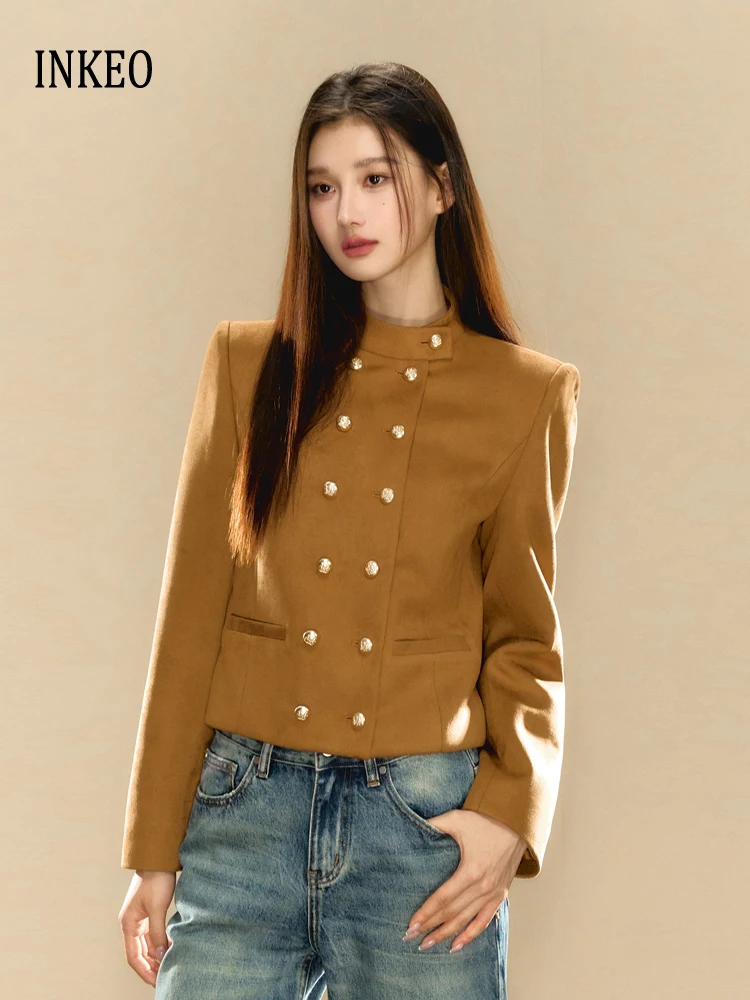 Vintage suede jacket for women 2025 Spring Camel metal double breasted crop blazer Fashion Long sleeve coat elegant INKEO 4O115