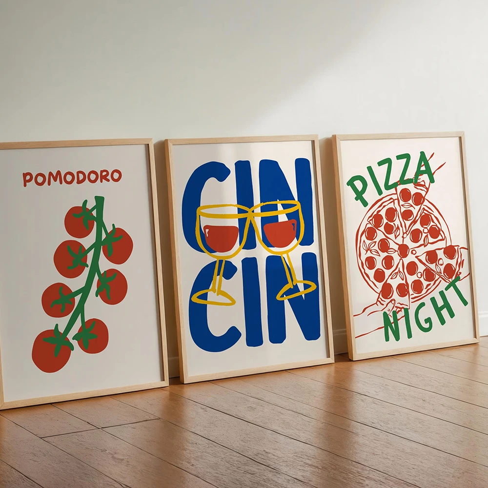 Kitchen Food Wall Art Retro Gallery Prints Trendy Aesthetic Poster Pasta Club Pizza Night Murals Wine Coffee Club Room Decor