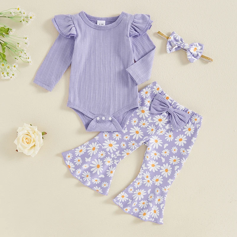 2024-05-23 Lioraitiin Baby Girl 3 Piece Fall Outfit, Long Sleeve Ribbed Romper Daisy Flare Pants Bow Headband