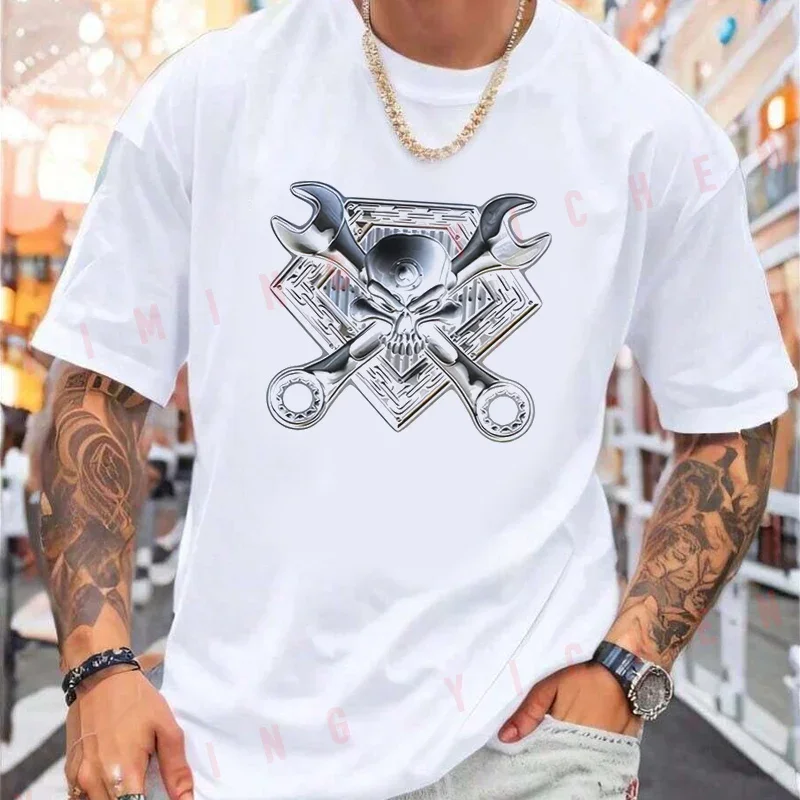 Mechanical Industrial Style -Skull Wrench Pattern Printed Motorcycle T-Shirt Men Unisex Casual Fashiona Short Sleeve O-neck Tops