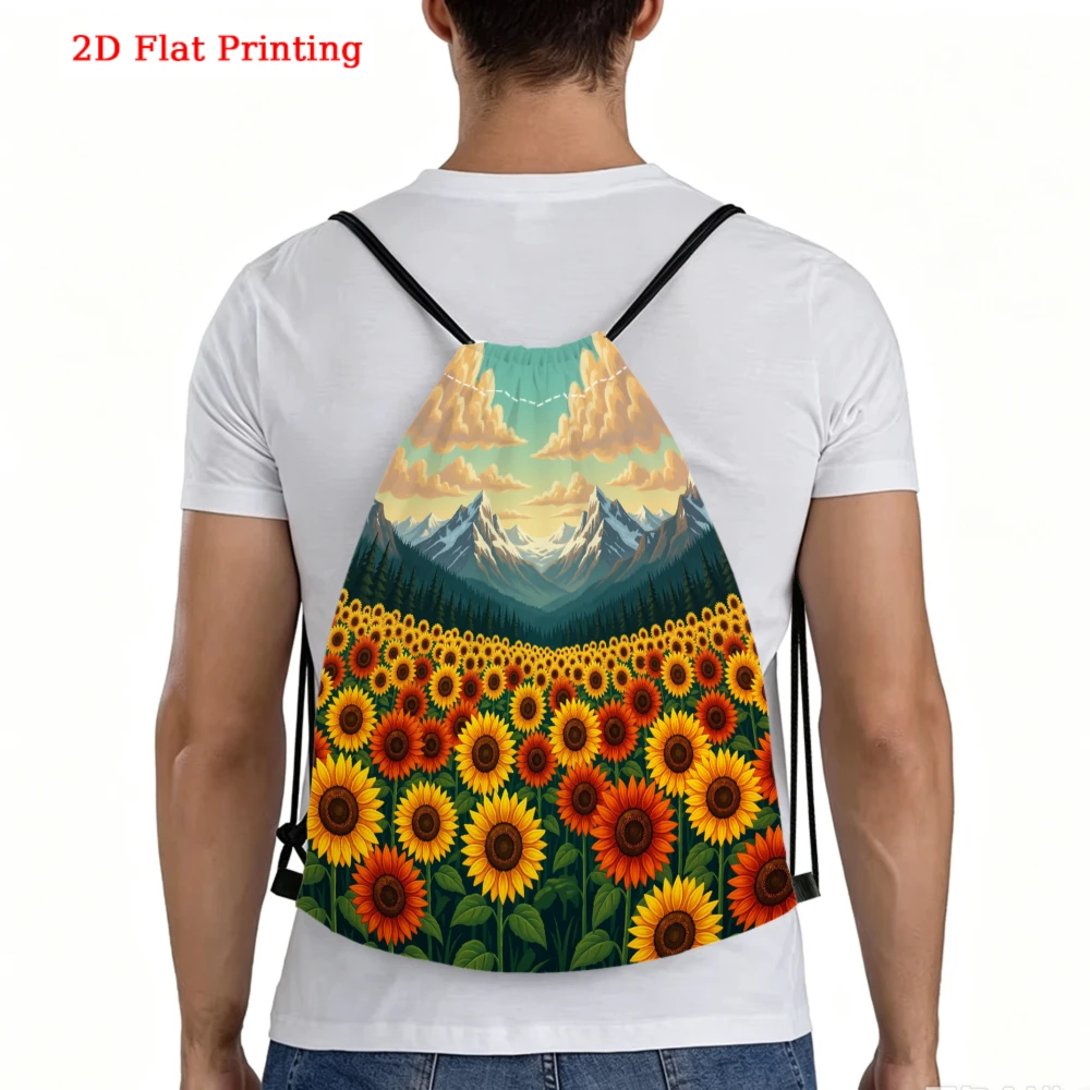 Sunflower Field Mountain Sky Print Drawstring Bag, Travel Shoe Bag, Fitness Sports Backpack, Outdoor