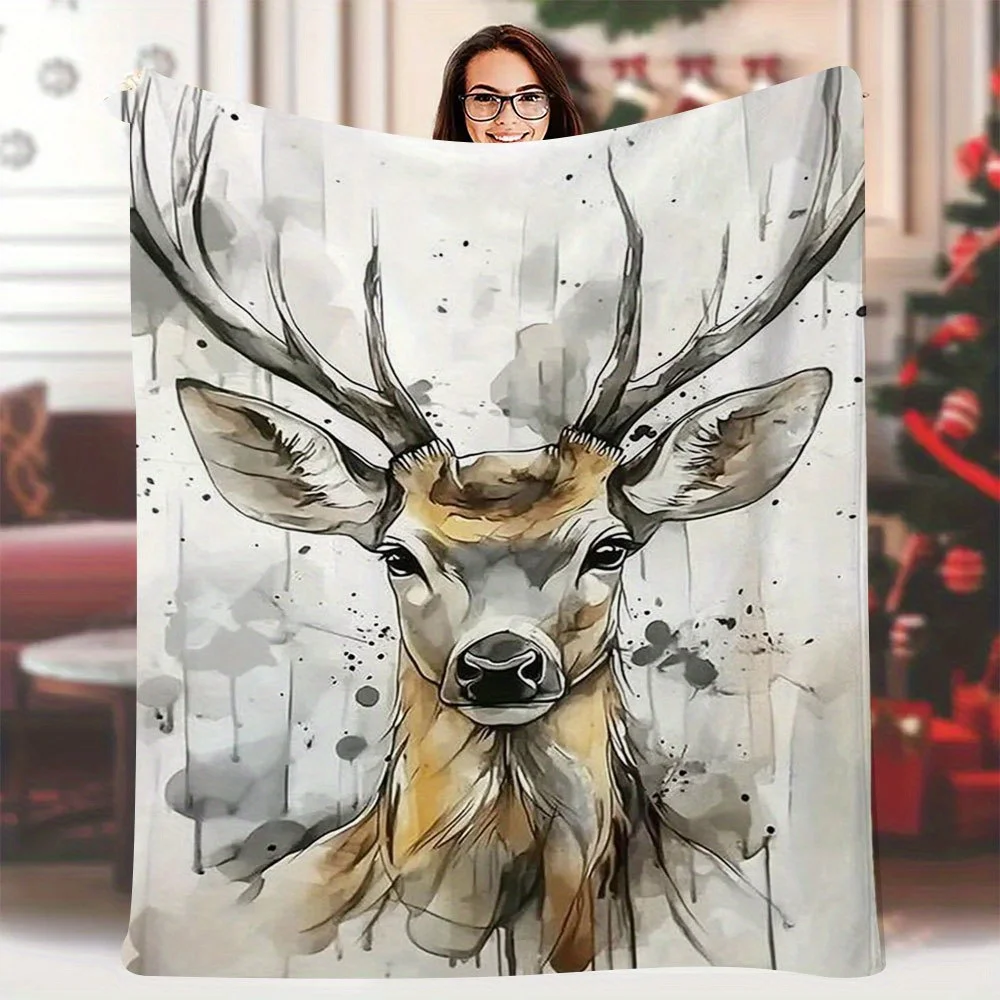 1pc Elegant Deer Watercolor Print Blanket, 60x80 Inch, Light Gray Background, Soft and Cozy for Home, Travel, and Camping