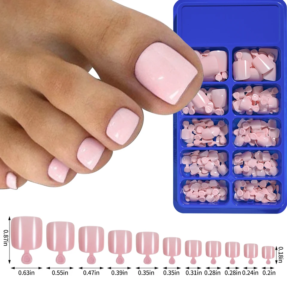 100/120 Uñas Postizas para Pies Francesas Cortas Cuadradas, Cobertura Completa, Acrílicas Rosadas Claras y Blancas, Prensadas para Mujer 6