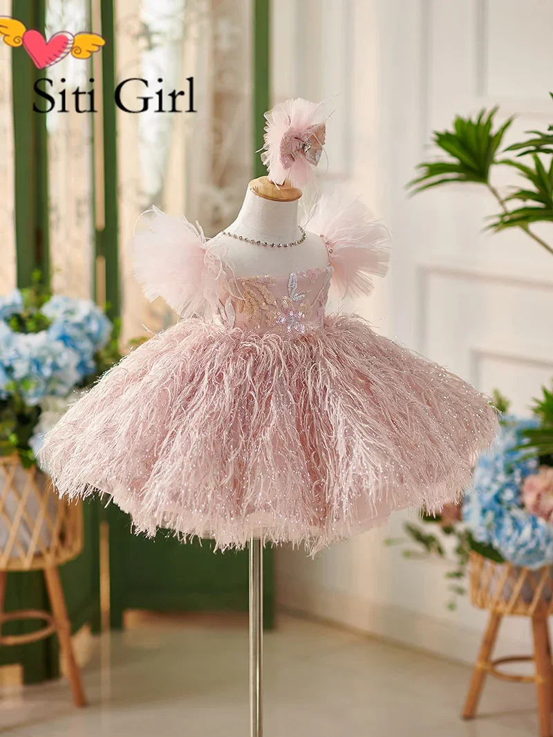 Feather luxurious Girl Party Dresses Elegant Puffy Girl Princess Dress Children Layer Lush Birthday Wedding Evening Dress 1y-14y