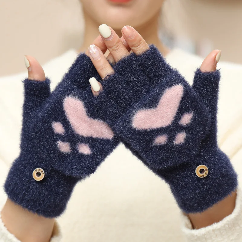 

Winter Lovely Fluffy Cat Paw Plush Fingerless Gloves Women Soft Mink Fleece Warm Half Fingers Gloves Female Girls Mittens T220