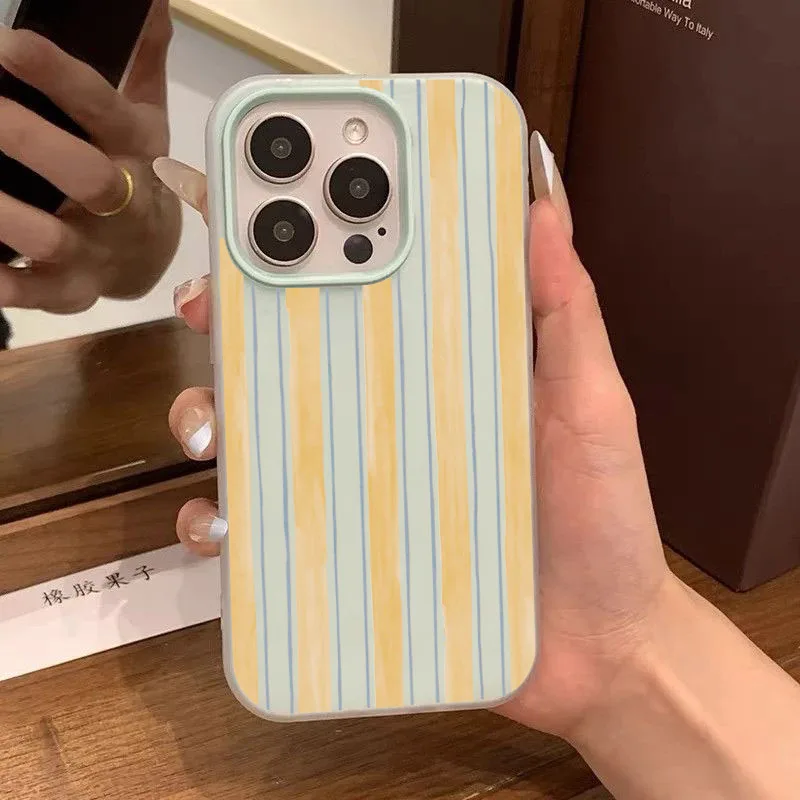 Soft Protector Stylish Yellow Striped Phone Case For Samsung Galaxy S26 S25 S24 S21 Ultra Plus A56 A55 A37 A36 A35 Macaron Cover
